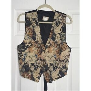 Pasta Vintage Cat Tapestry Vest Womens Size M Multicolor Novelty Cotton Blend